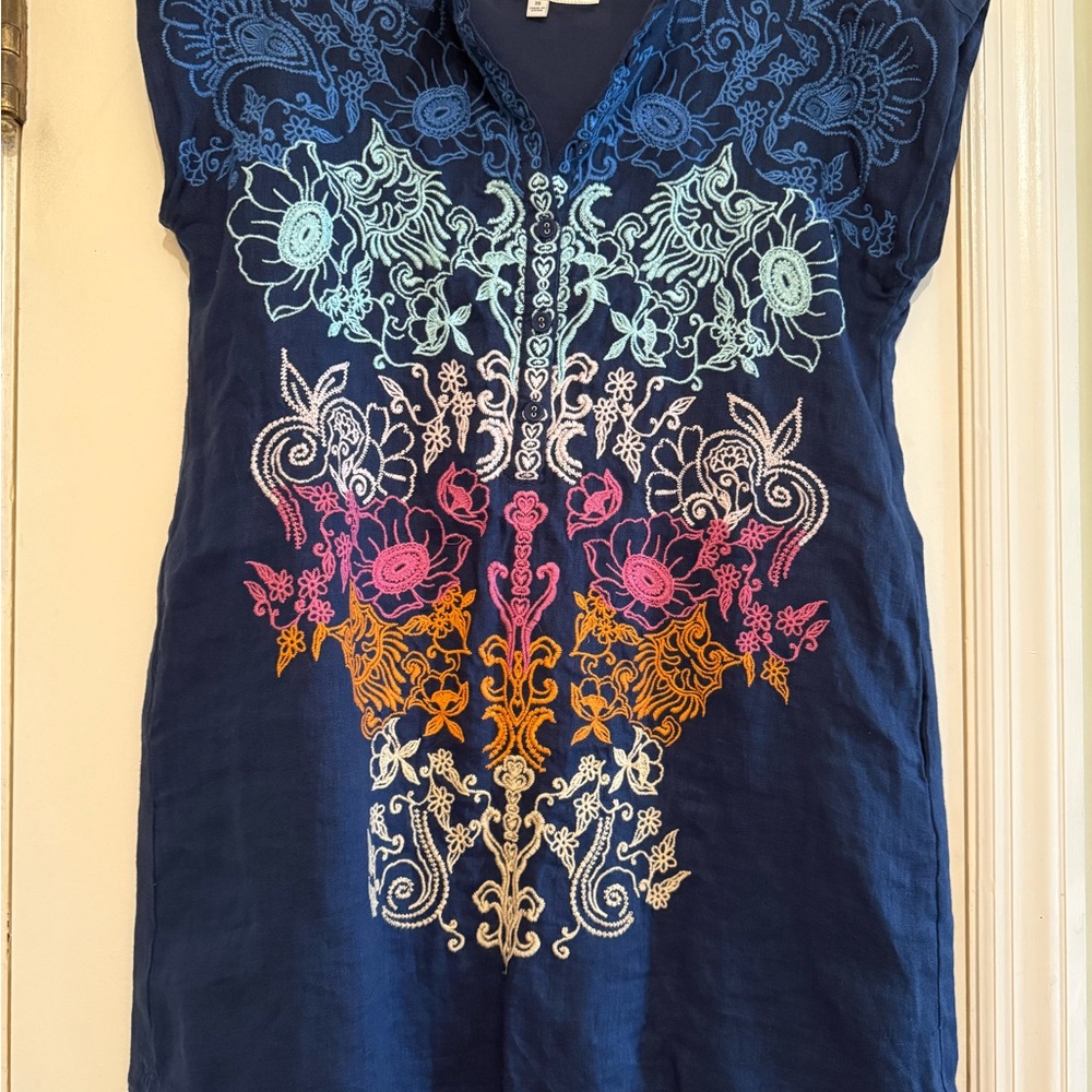 Johnny Was Navy Tunic with Multicolor Embroidery